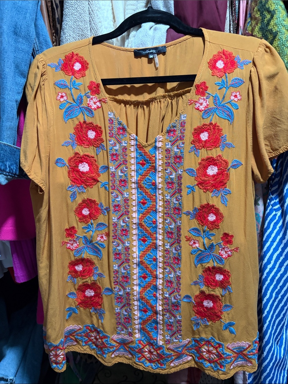 ANDREE BY UNIT Mustard Floral Embroidered Peasant Top